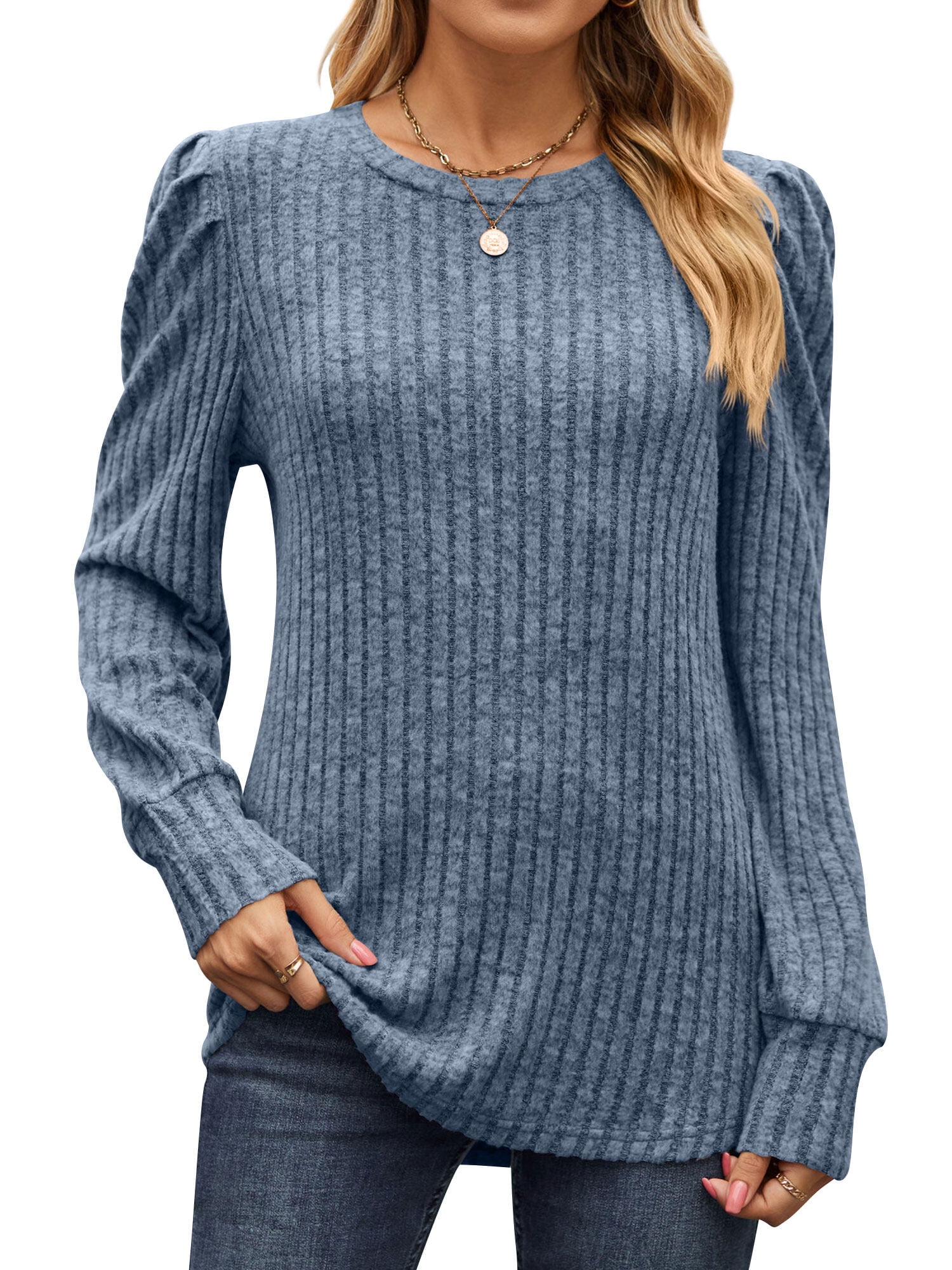 Nlife Women Crew Neck Puff Long Sleeve Ribbed Tunic Sweater - Walmart.com
