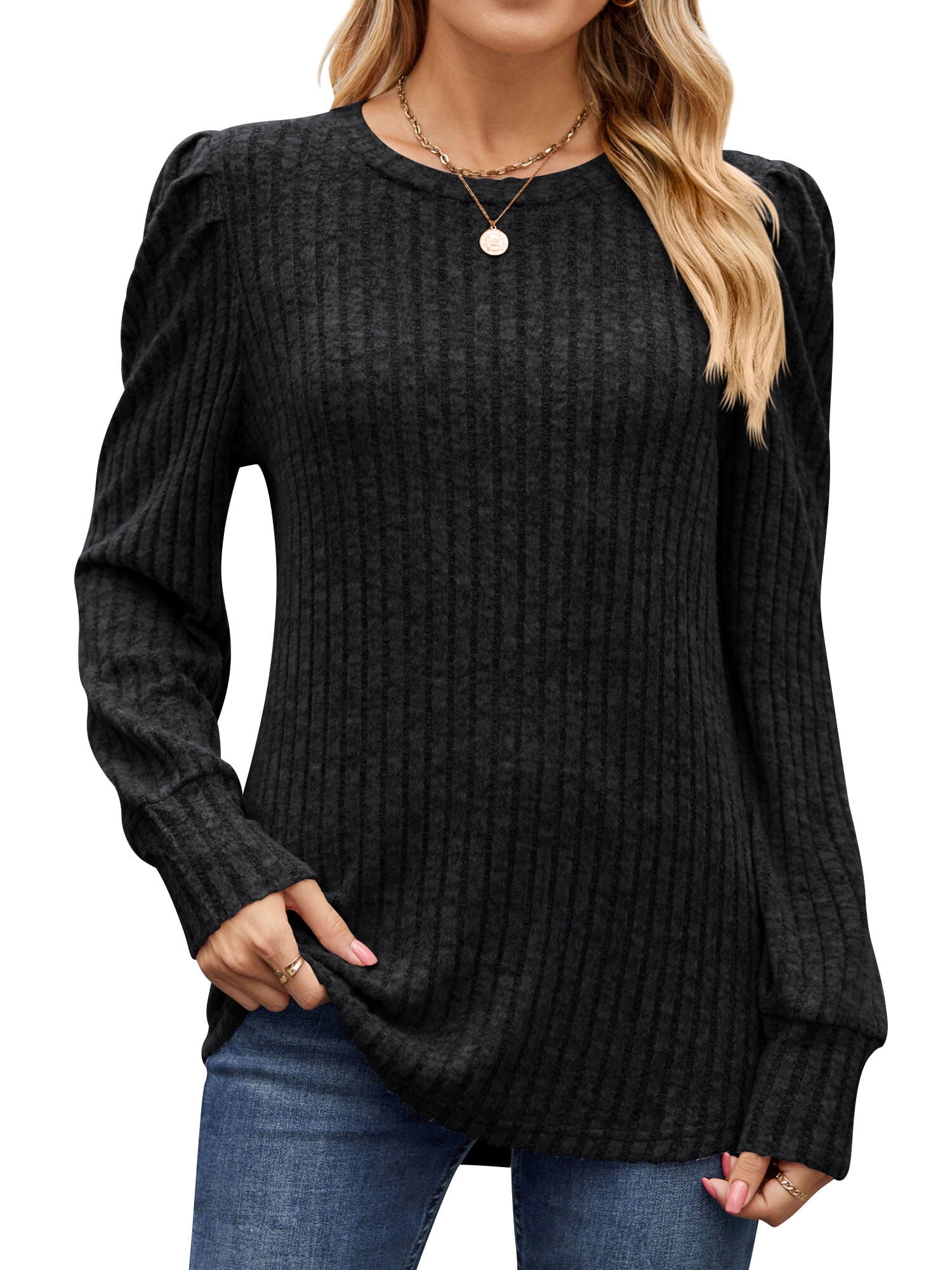 Nlife Women Crew Neck Puff Long Sleeve Ribbed Tunic Sweater - Walmart.com