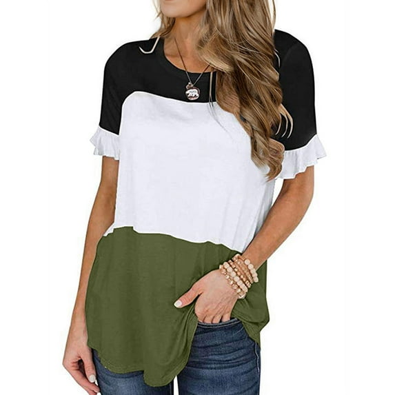 Nlife Women Crew Neck Ruffled Short Sleeve Colorblock Top