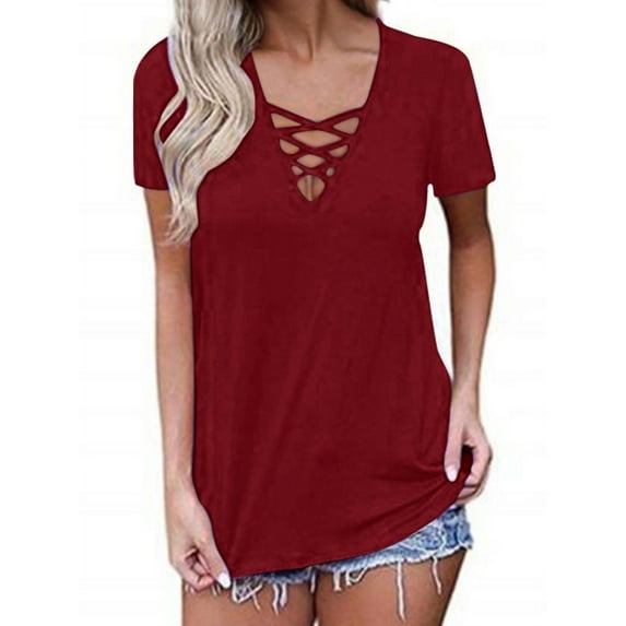 Nlife Women Criss Cross V Neck Short Sleeve Solid Color T-shirt