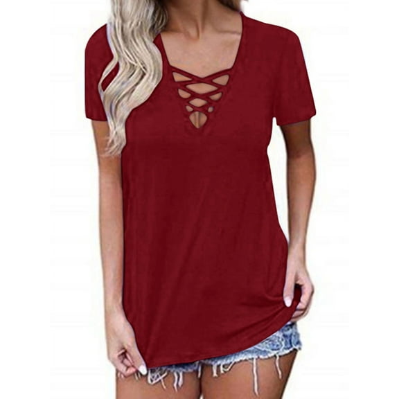 Nlife Women Criss Cross V Neck Short Sleeve Solid Color T-shirt