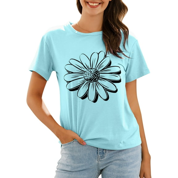 Nlife Women Daisy Print Round Neck Short Sleeve T-Shirt