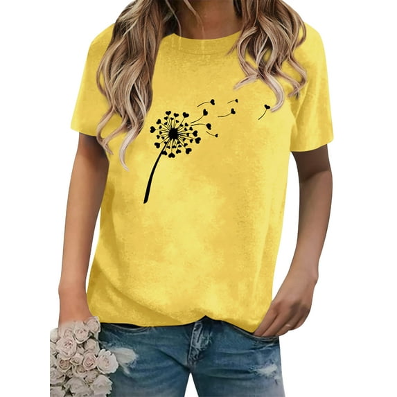 Nlife Women Dandelion Print T-shirt Graphic Short Sleeve Tees Crew Neck Casual Top