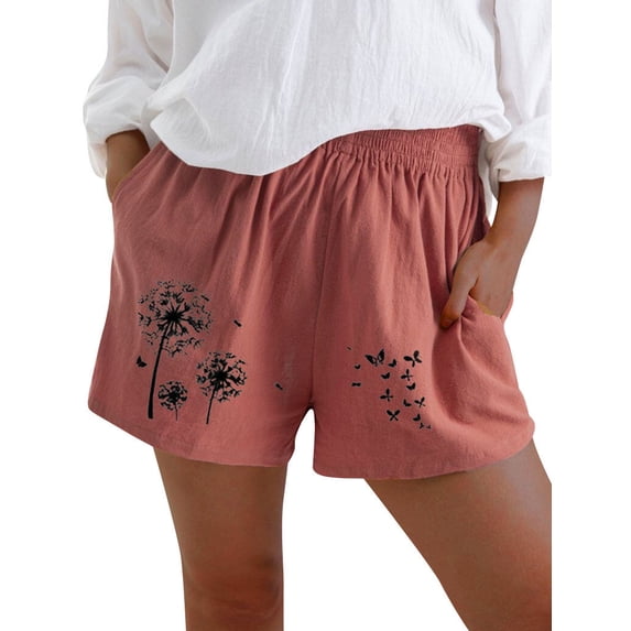 Nlife Women Dandelion Print Elastic High Waist Linen Shorts with Pockets
