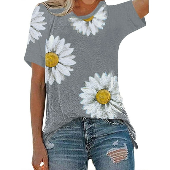 Nlife Women Dasiy Graphic Printed Round Neck Short Sleeve T-Shirt