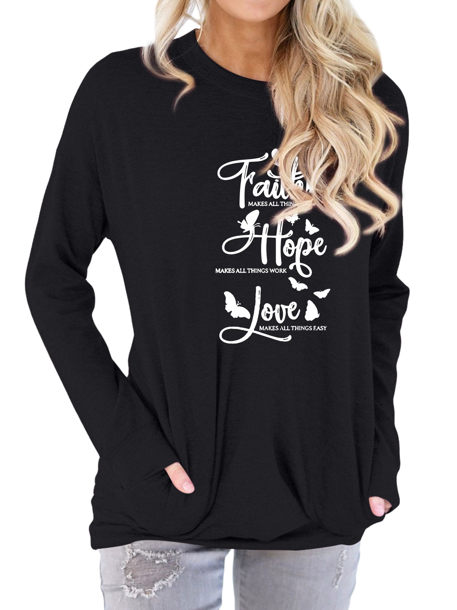 Nlife Women Faith Makes All Things Possible Letter Print Long Crew