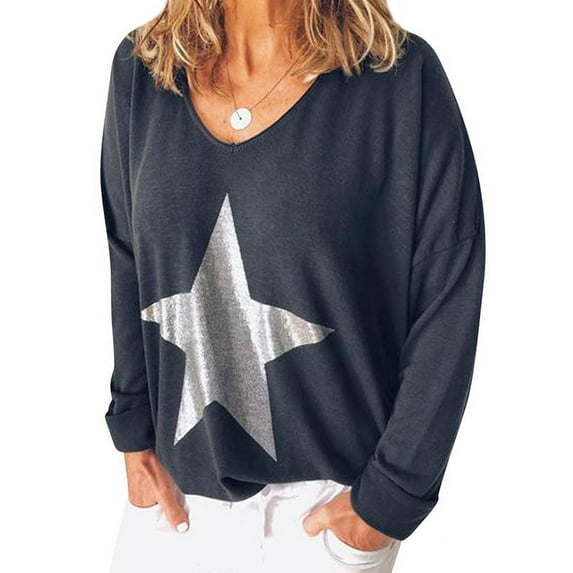 Nlife Women Five-Pointed Star Print Solid Color Long Sleeve V Neck T-Shirt