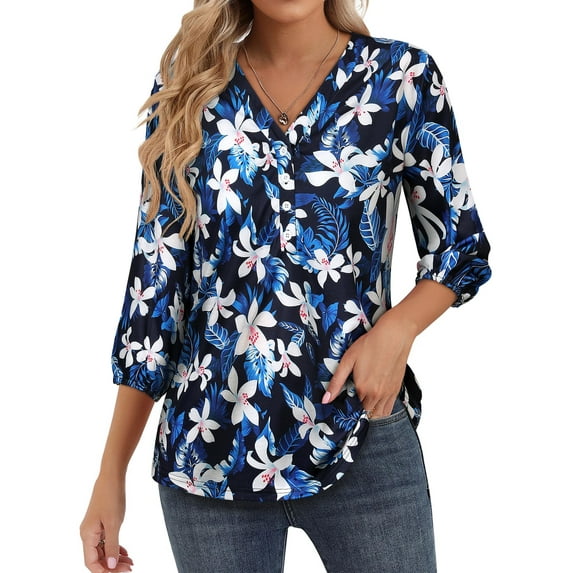 Nlife Women Floral Blouse for Women Hawaiian 3/4 Sleeve Top Tropical V-Neck Casual Shirt with Button Details