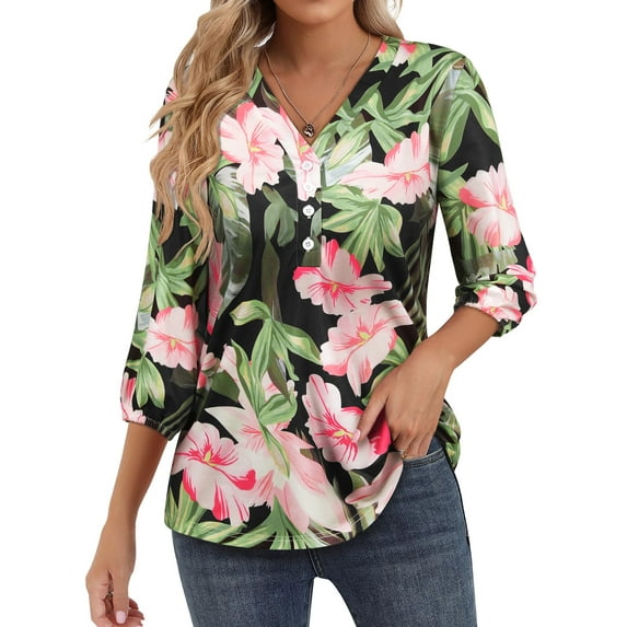 Nlife Women Floral Blouse for Women Hawaiian 3/4 Sleeve Top Tropical V-Neck Casual Shirt with Button Details