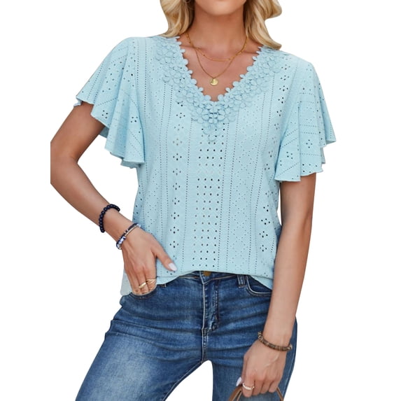 Nlife Women Floral Cut-out Scalloped Neck Ruffle Short SleeveT-Shirt