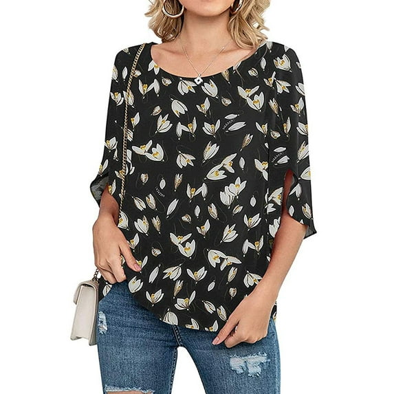 Nlife Women Floral Leaves Print Round Neck Split 3/4 Sleeve Blouse