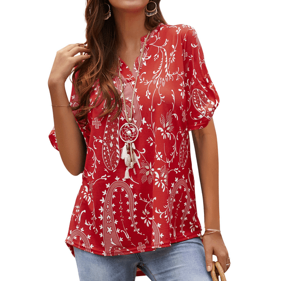 Nlife Women Floral Paisley Print V-Neck Rolled Short Sleeve Blouse