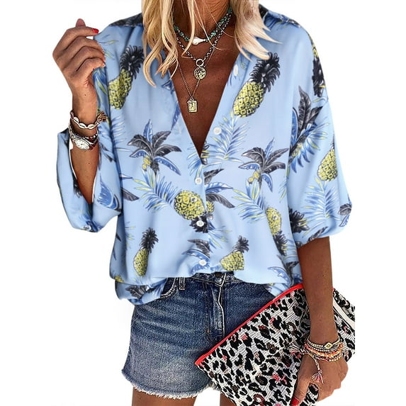 Nlife Women Floral Print Lapel Collar 3/4 Sleeves Buttons Down Shirt