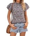 thumbnail image 1 of Nlife Women Floral Print Mock Neck Ruffle Short Sleeve Back Keyhole Chiffon Blouse, 1 of 7