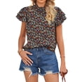 thumbnail image 1 of Nlife Women Floral Print Mock Neck Ruffle Short Sleeve Back Keyhole Chiffon Blouse, 1 of 7