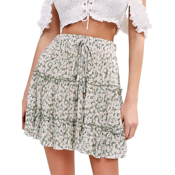 Nlife Women Floral Print Ruffle Design High Waisted Drawstring A-Line Mini Skirt