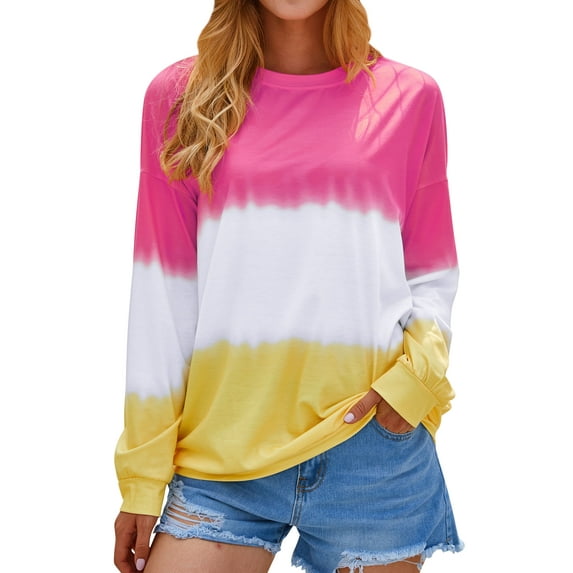 Nlife Women Gradient Long Sleeve Colorblock Round Neck Top