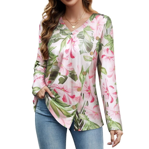 Nlife Women Graphic Print V Neck Buttons Up Long Sleeve Top