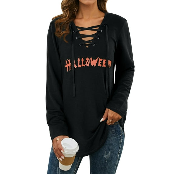 Nlife Women Halloween Graphic Top for Women Lace Up V Neck Tunic Blouse Long Sleeve Casual Shirt