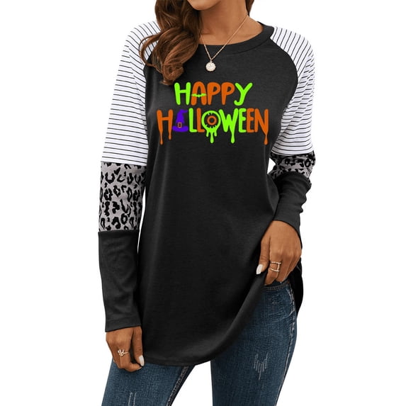 Nlife Women Happy Halloween Top for Women Leopard Print Long Sleeve Shirt Striped Stitching Tunic Blouse