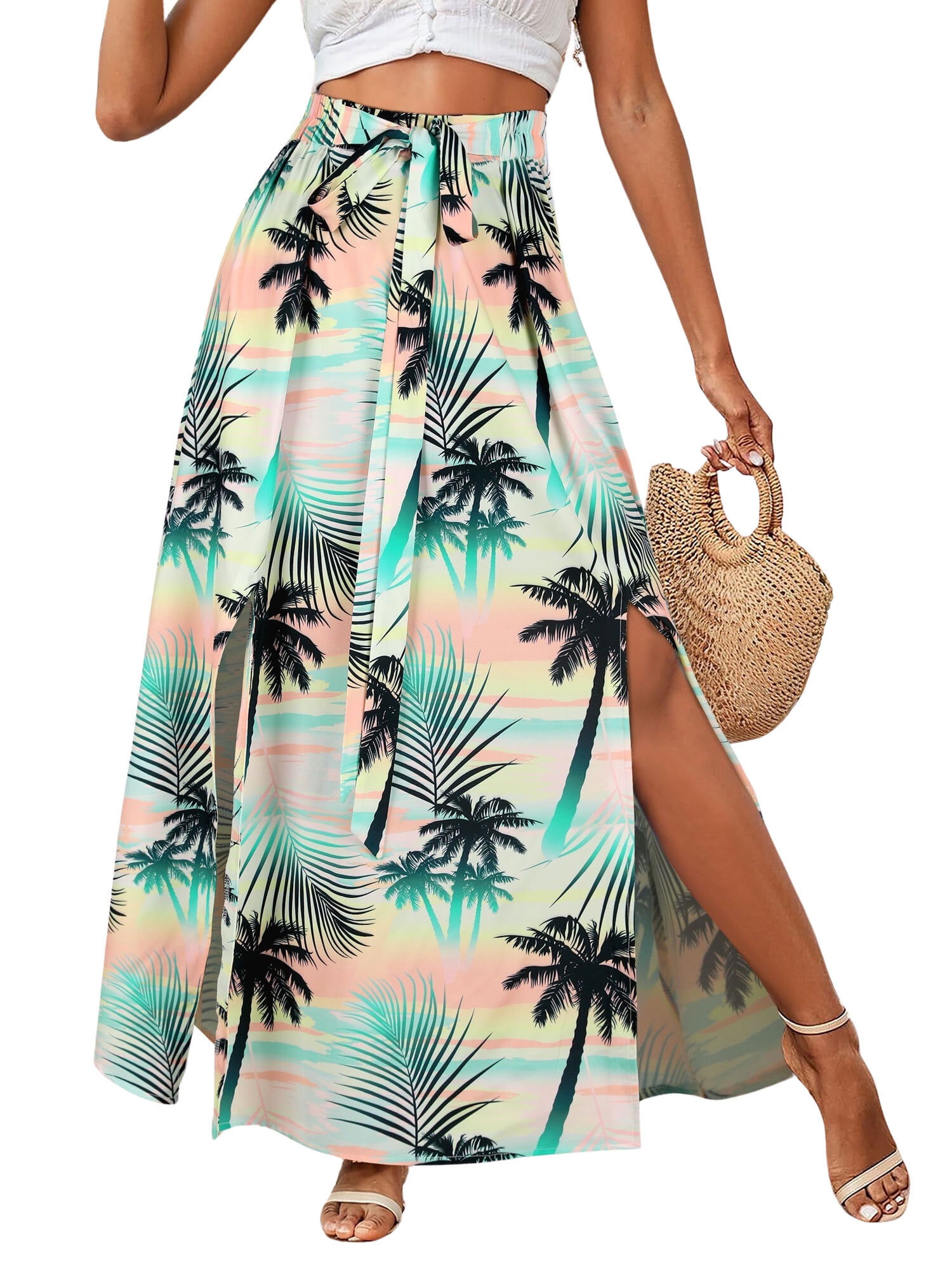 Afibi Women's Floral Print Chiffon Maxi Skirt - High Waist Pleated Long Skirt (Navy Blue)
