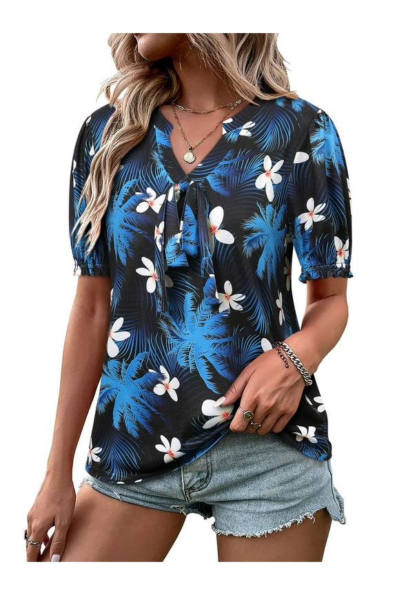 Nlife Women Hawaiian Shirt Puff Sleeve Top Floral Bow Tie Front V Neck Dressy Summer T-shirt