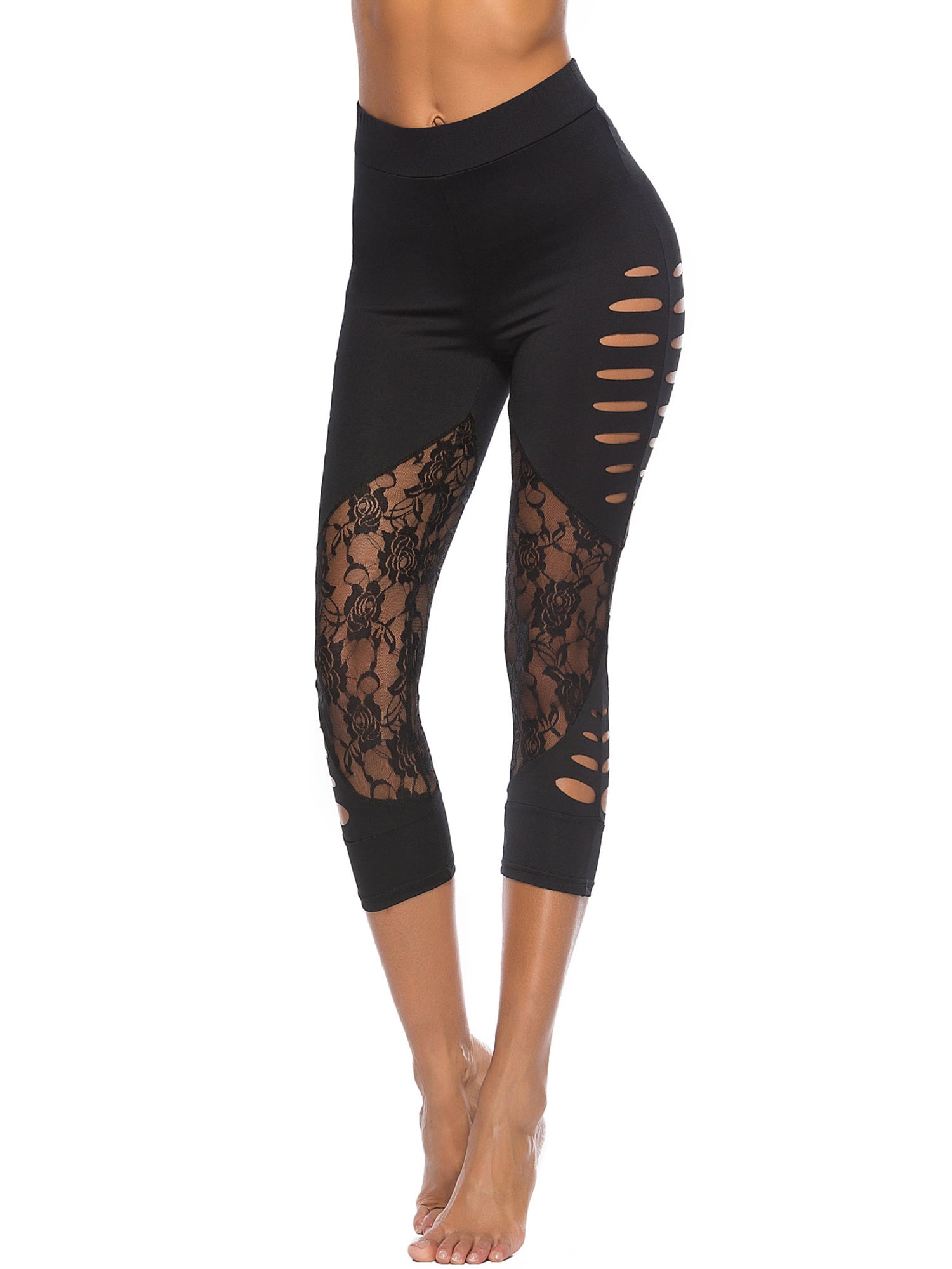 Nlife Women High Waist Cutout Lace Mesh Yoga Sporty Solid Color Leggings