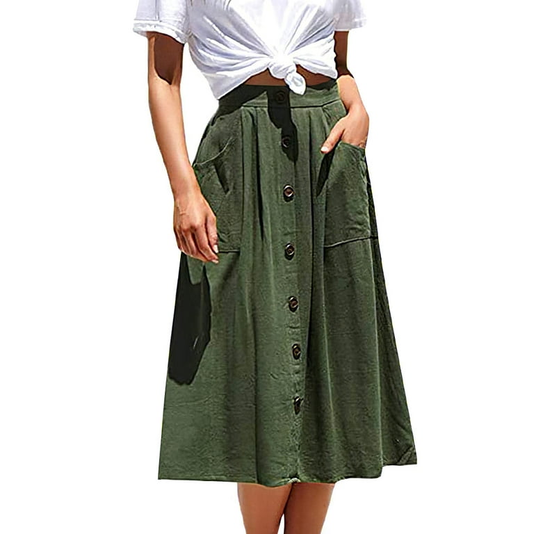 Nlife Women High Waist Front Button Side Pocket A-Line Midi Skirt