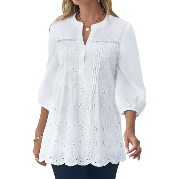 Nlife Women Lace Crochet V Neck 3/4 Sleeve Buttons Embroidery Tunic Blouse
