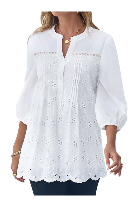 Women Lace Crochet V Neck 3/4 Sleeve Buttons Embroidery Tunic Blouse