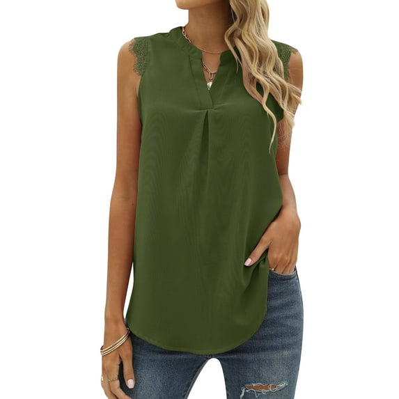 Nlife Women Lace Patchwork V Neck Sleeveless Front Pleat Curved Hem Blouse