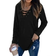 Nlife Women Lace-Up Long Sleeve Top V Neck Basic Blouse Pullover Tunic Top