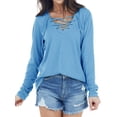 thumbnail image 1 of Nlife Women Lace Up Rib V Neck Long Sleeve Straight Hemline Blouse, 1 of 7