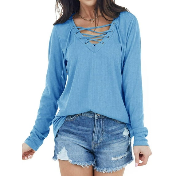 Nlife Women Lace Up Rib V Neck Long Sleeve Straight Hemline Blouse