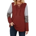 thumbnail image 1 of Nlife Women Lace Up V Neck Long Sleeve Striped Leopard Print Top, 1 of 7