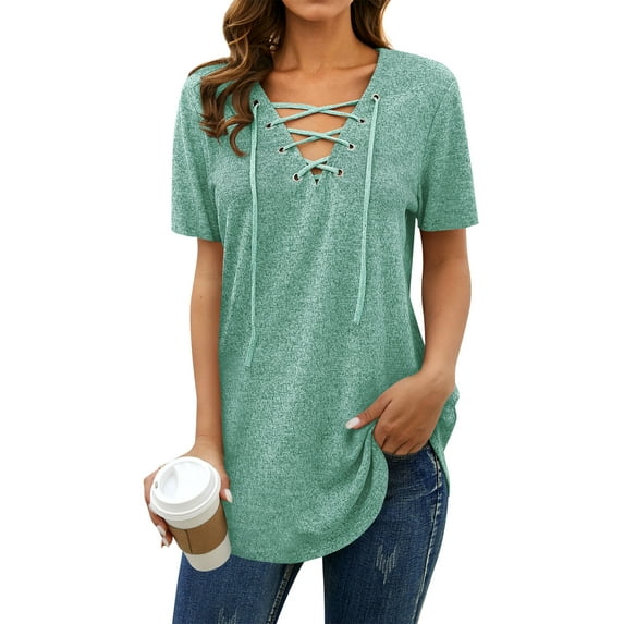 Nlife Women Lace-up Front Solid Color Short Sleeves Tunics Top