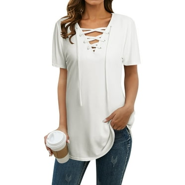 Nlife Women Lace-up Front Solid Color Short Sleeves Tunics Tops