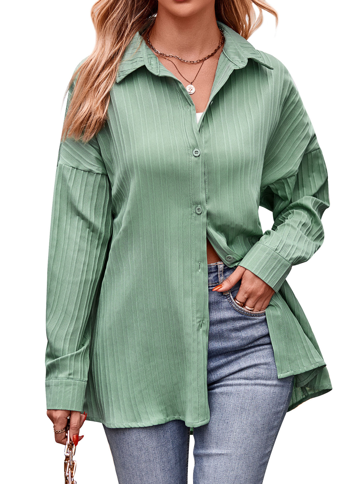 Nlife Women Lapel Collar Long Sleeve Button Back Lace Up Split Hem ...
