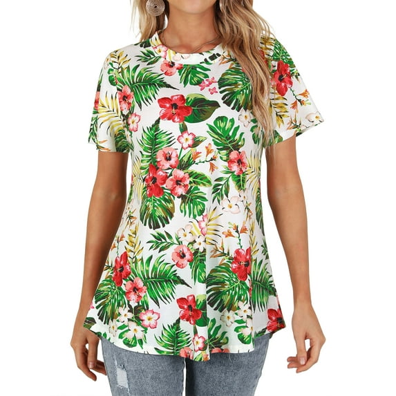 Nlife Women Floral Print Top Short Sleeve Tunic Boho Blouse Casual Summer Shirts