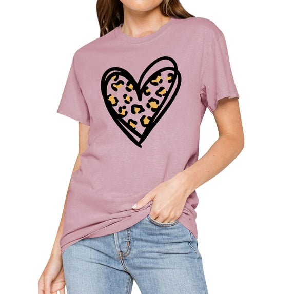 Nlife Women Leopard Heart Graphic Crew Neck Short Sleeve Shirt