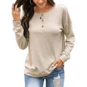 Nlife Women Long Sleeve Buttons Crew Neck Pullover Tops