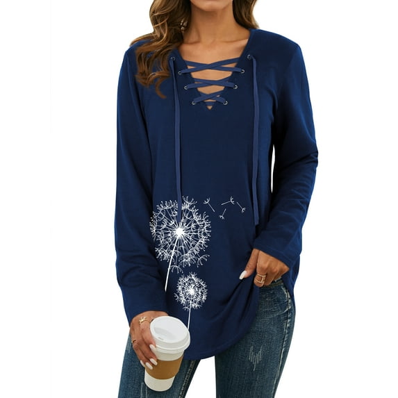 Nlife Women Long Sleeve Lace Up V Neck Long Sleeve Top