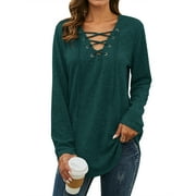 Nlife Women Long Sleeve Lace Up V Neck Long Sleeve Top