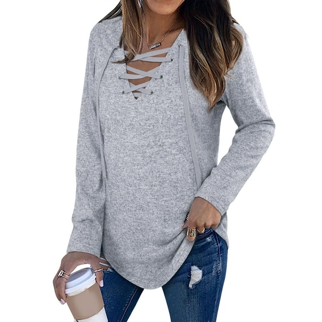 Nlife Women's Cute Spring Fashion Cut, Long Sleeve Lace Up V Neck Top ...