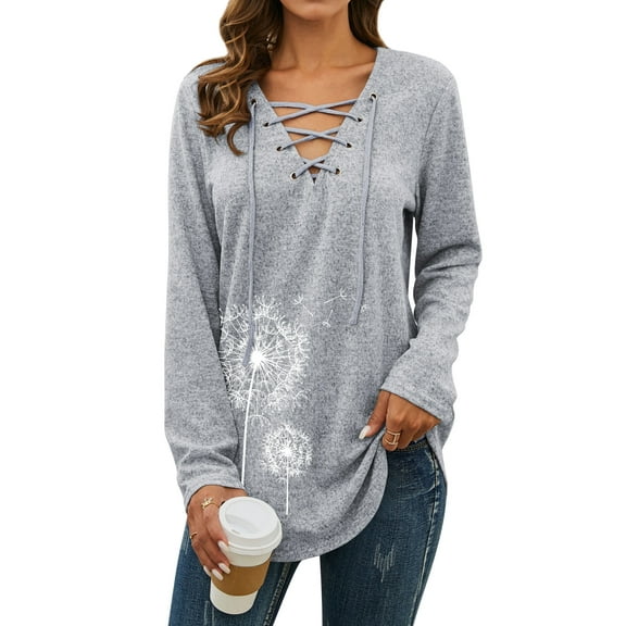 Nlife Women Long Sleeve Lace Up V Neck Long Sleeve Top