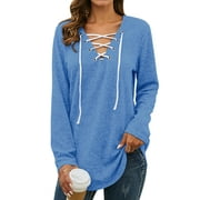 Nlife Women Long Sleeve Lace Up V Neck Top