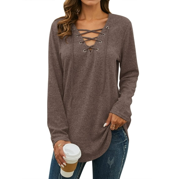 Nlife Women Long Sleeve Top Criss Cross V Neck Solid Blouse Tunic Top Basic Pullover