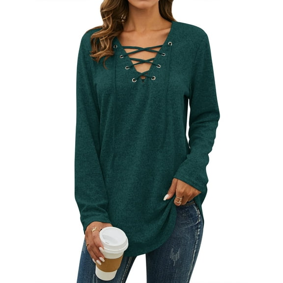 Nlife Women Long Sleeve Top Criss Cross V Neck Solid Blouse Tunic Top Basic Pullover