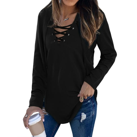 Nlife Women Long Sleeve Top Criss Cross V Neck Solid Blouse Tunic Top Basic Pullover