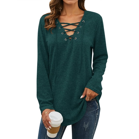Nlife Women Long Sleeve Top Criss Cross V Neck Solid Blouse Tunic Top Basic Pullover